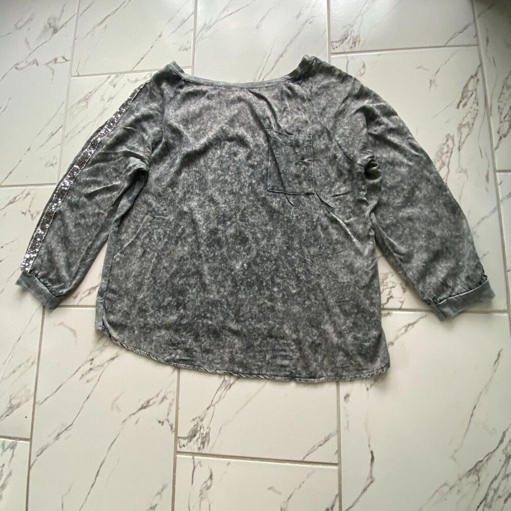 Impulse California Womens L Gray Acid Mineral Wash Sequin Long Sleeve Pocket Shi